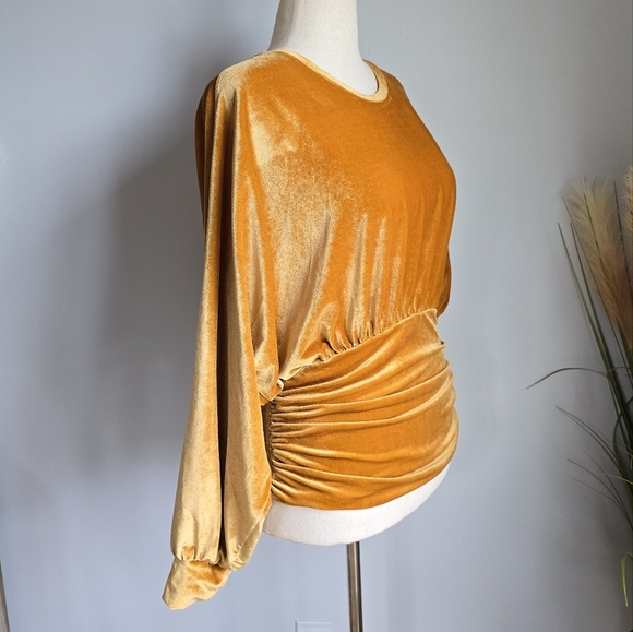 THML, Marigold Yellow Velvet Ruched Dolman Bishop Sleeve Blouse Top SZ Medium - Picture 4 of 11